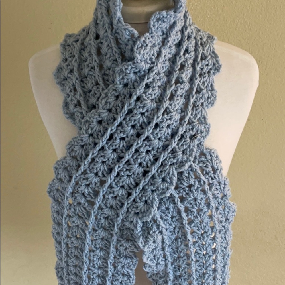 Scarf Scallop Edging with Fringes. Handmade. Blue